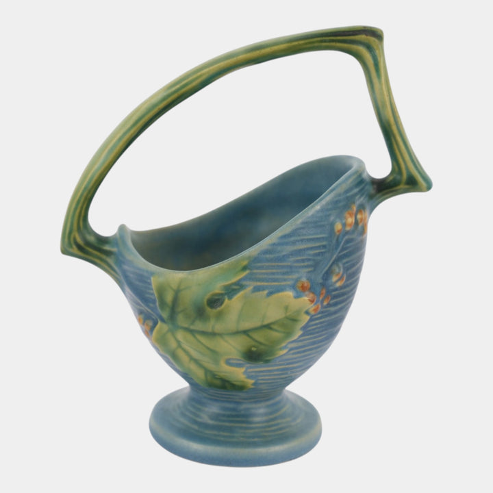 Roseville Bushberry Blue 1941 Vintage Art Pottery Ceramic Basket 369-6 - Just Art Pottery