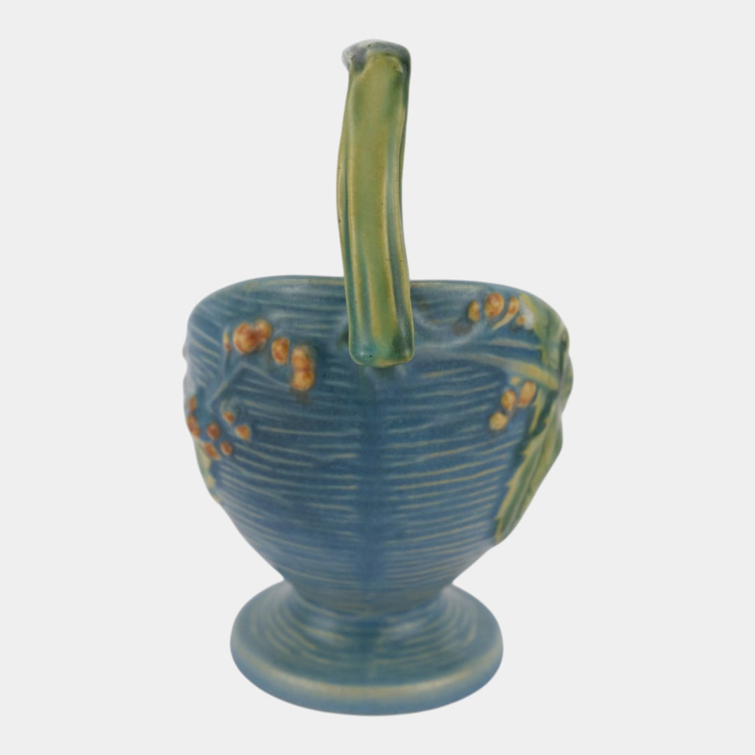 Roseville Bushberry Blue 1941 Vintage Art Pottery Ceramic Basket 369-6 - Just Art Pottery