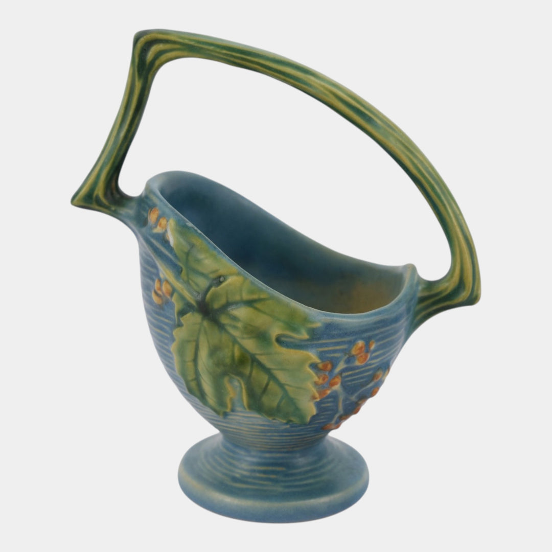 Roseville Bushberry Blue 1941 Vintage Art Pottery Ceramic Basket 369-6 - Just Art Pottery