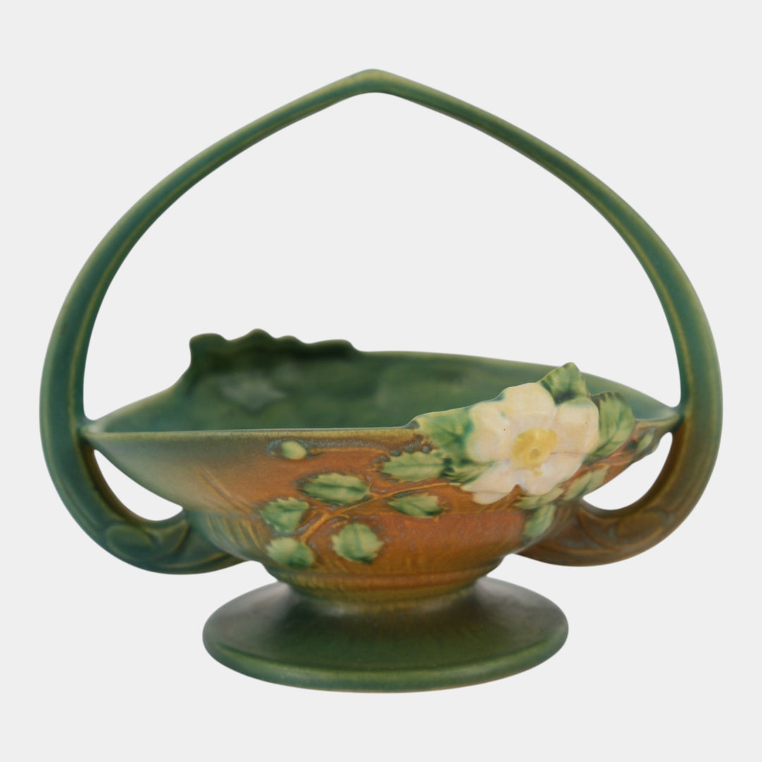 Roseville White Rose Green 1940 Vintage Art Pottery Ceramic Basket 362-8