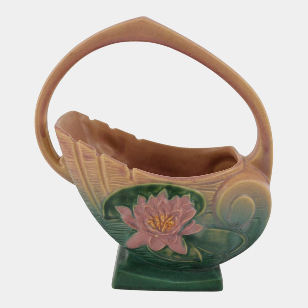 Roseville Water Lily Pink 1943 Vintage Art Pottery Ceramic Basket 381-10 - Just Art Pottery