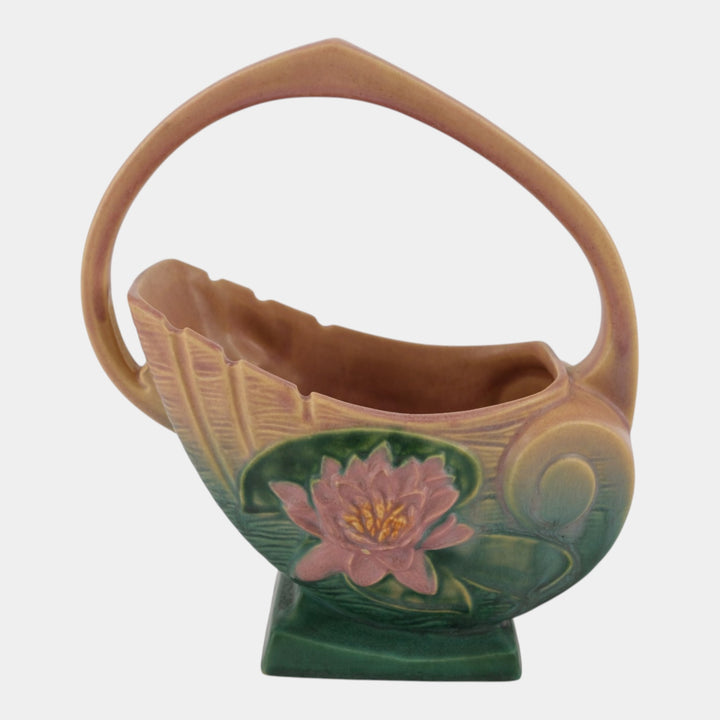 Roseville Water Lily Pink 1943 Vintage Art Pottery Ceramic Basket 381-10 - Just Art Pottery