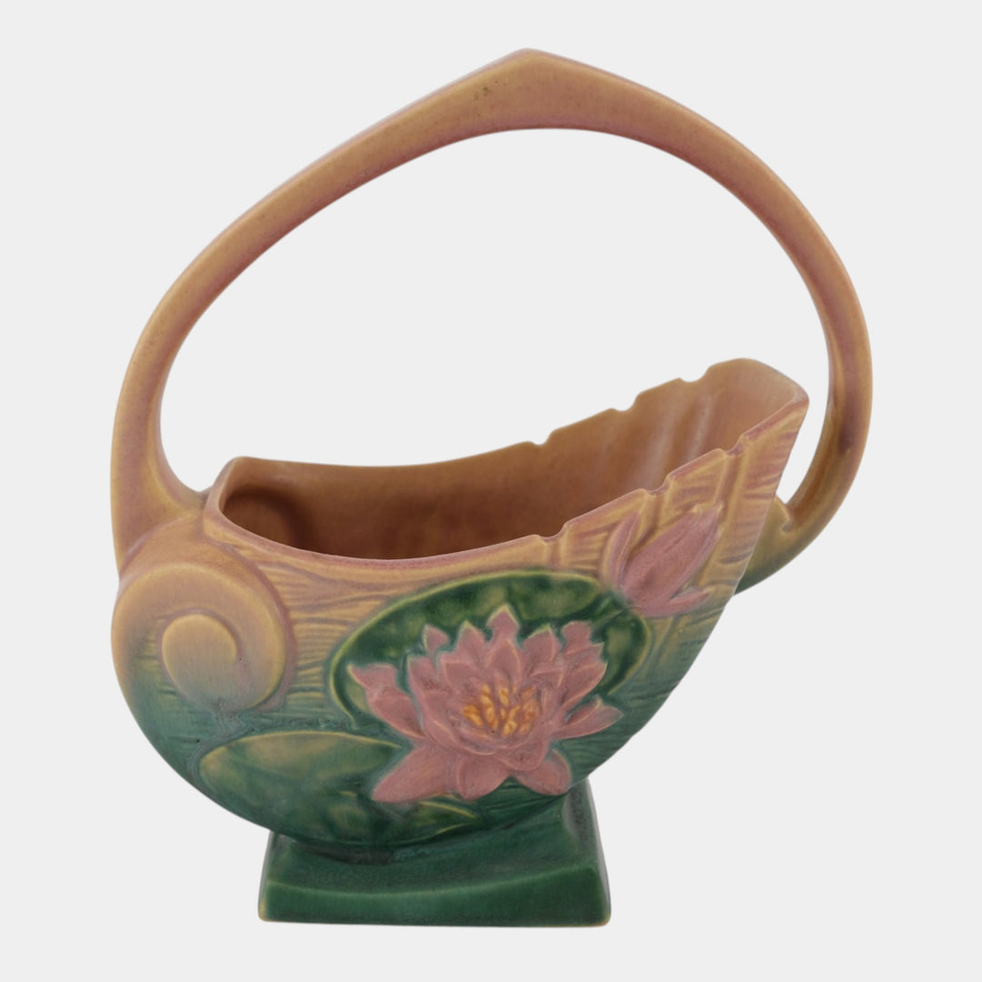 Roseville Water Lily Pink 1943 Vintage Art Pottery Ceramic Basket 381-10 - Just Art Pottery