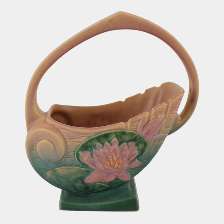 Roseville Water Lily Pink 1943 Vintage Art Pottery Ceramic Basket 381-10 - Just Art Pottery