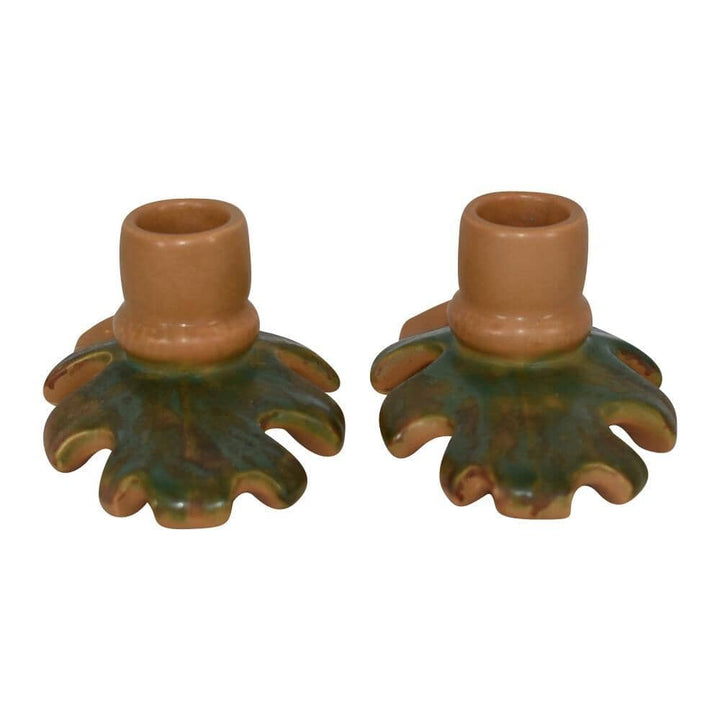 Weller Pottery Oak Leaf Before1936 Green And Brown Candle Holders