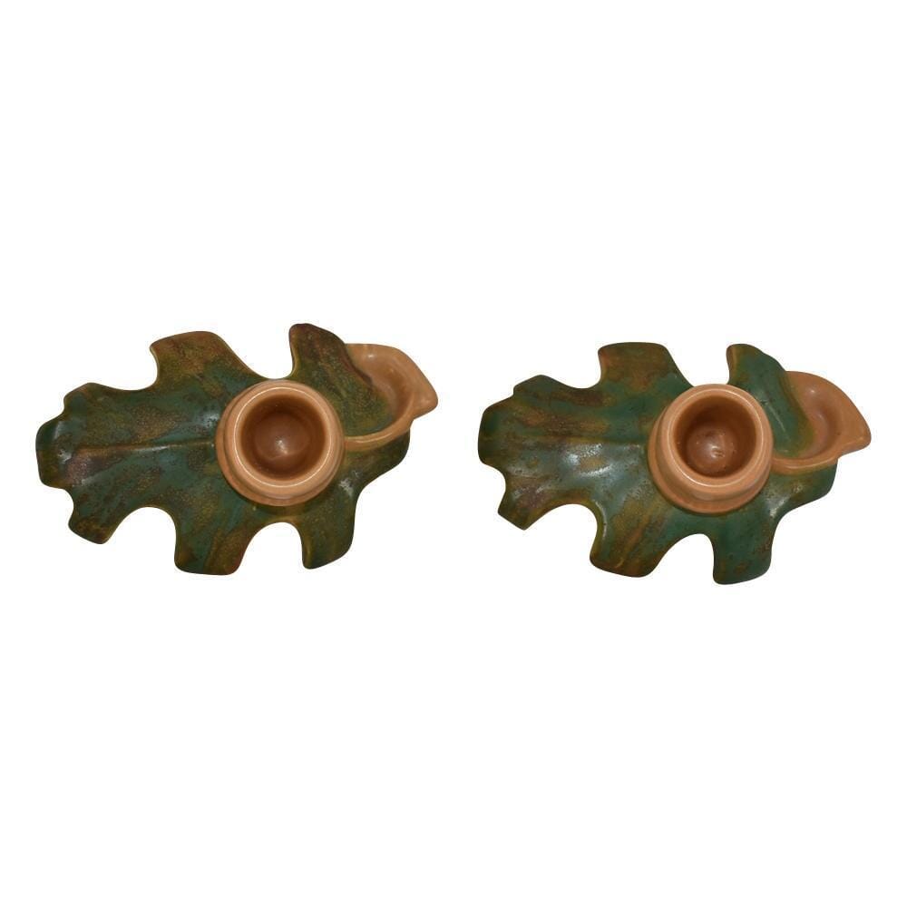 Weller Pottery Oak Leaf Before1936 Green And Brown Candle Holders