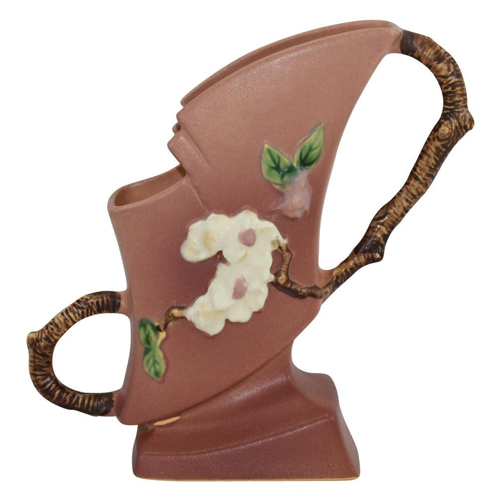 Roseville Apple Blossom Pink 1949 Vintage Art Pottery Ceramic Handled Vase 373-7 - Just Art Pottery