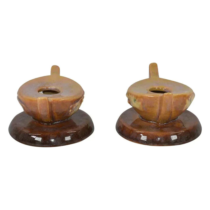 Roseville Pottery Wincraft 1948 Tan Mid Century Modern Candle Holders 251 - Just Art Pottery