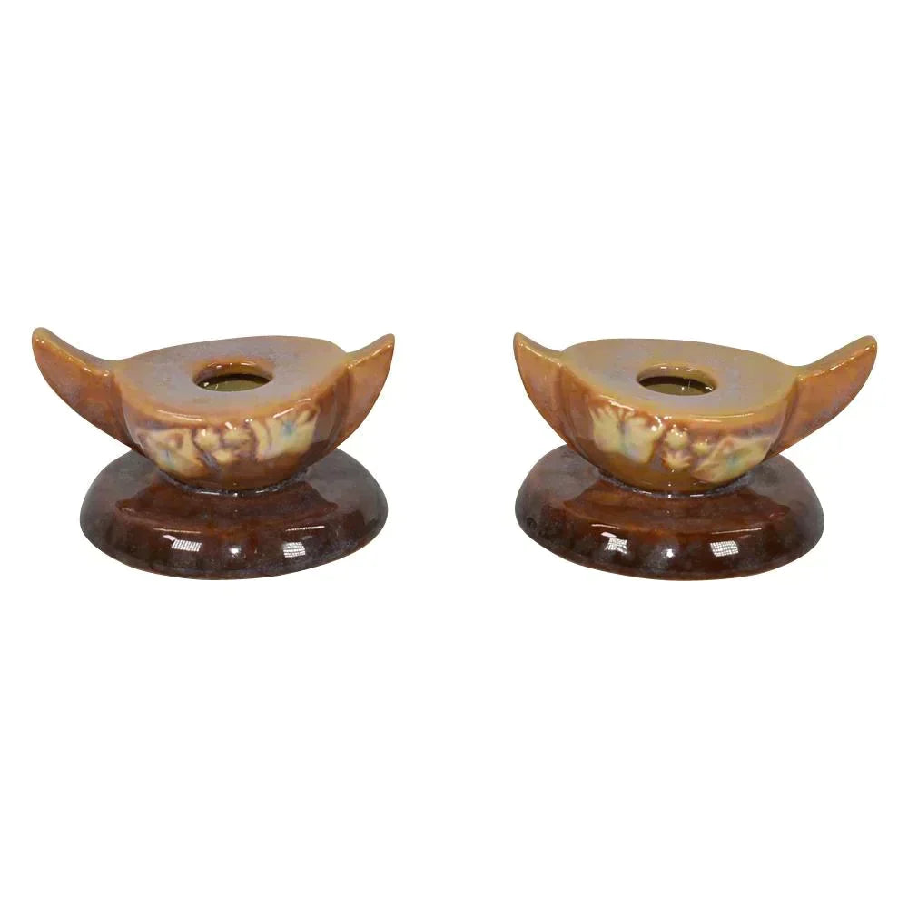 Roseville Pottery Wincraft 1948 Tan Mid Century Modern Candle Holders 251 - Just Art Pottery