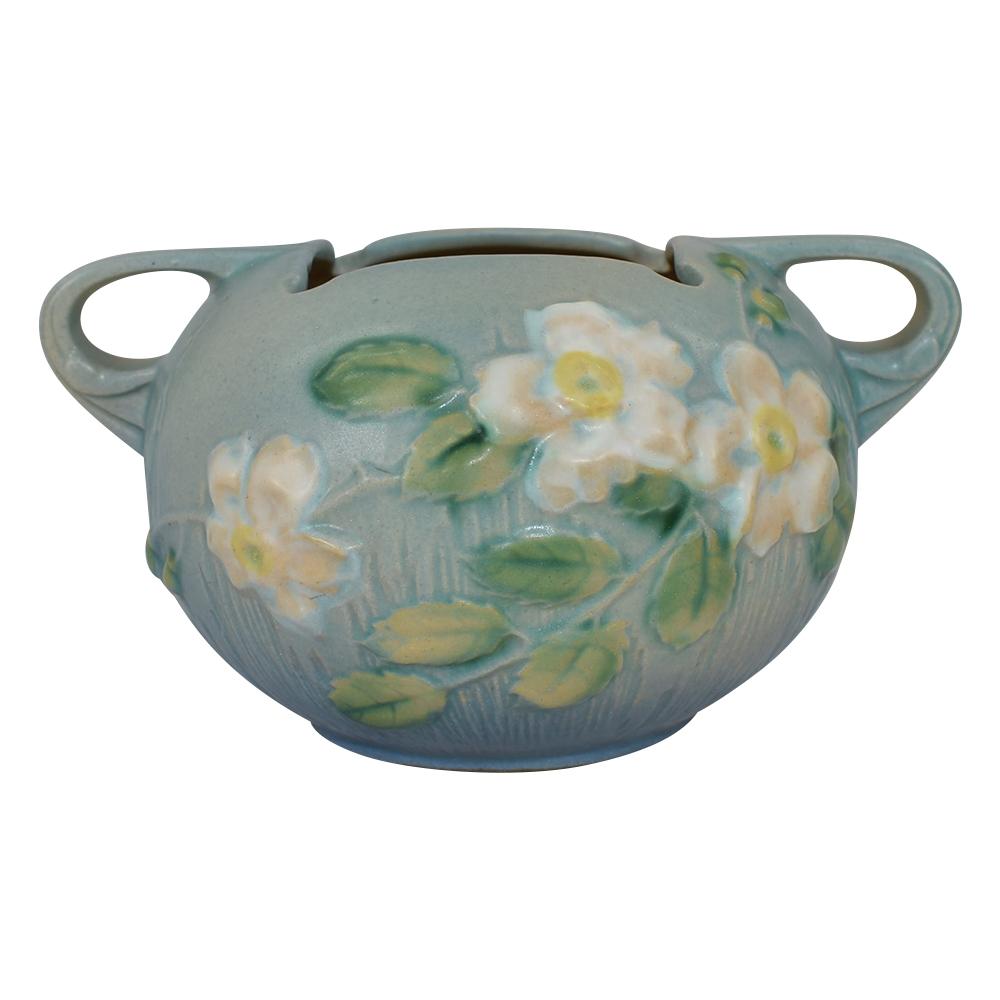 Roseville White Rose Blue 1940 Mid Century Modern Art Pottery Ceramic Bowl 387-4 - Just Art Pottery