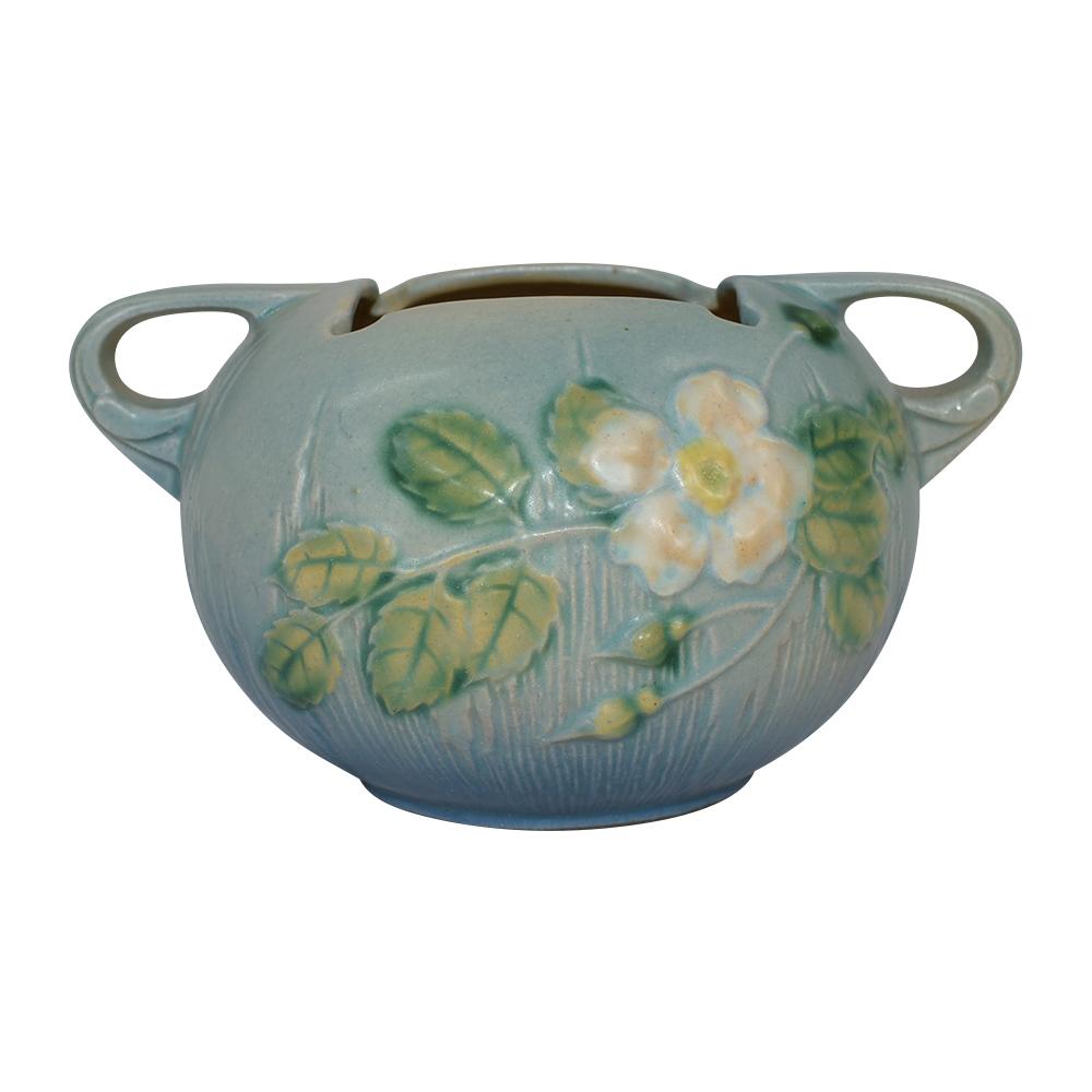 Roseville White Rose Blue 1940 Mid Century Modern Art Pottery Ceramic Bowl 387-4 - Just Art Pottery
