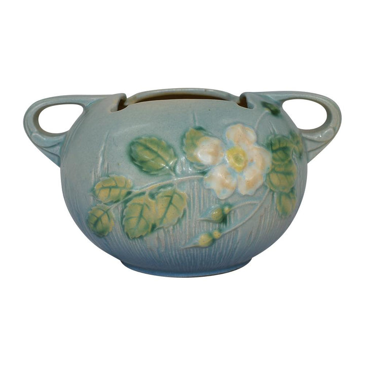 Roseville White Rose Blue 1940 Mid Century Modern Art Pottery Ceramic Bowl 387-4 - Just Art Pottery