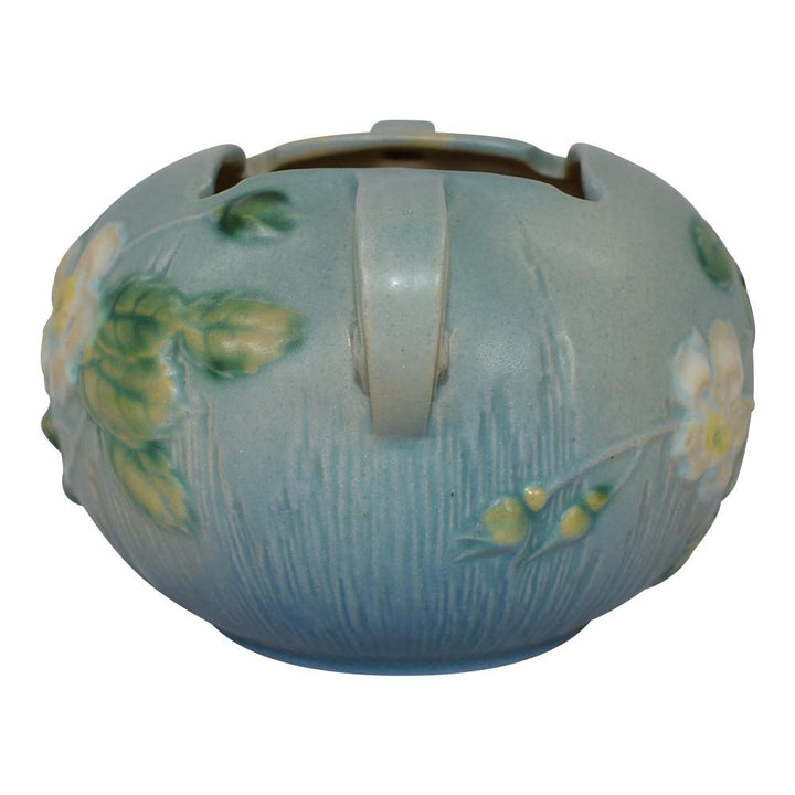 Roseville White Rose Blue 1940 Mid Century Modern Art Pottery Ceramic Bowl 387-4 - Just Art Pottery
