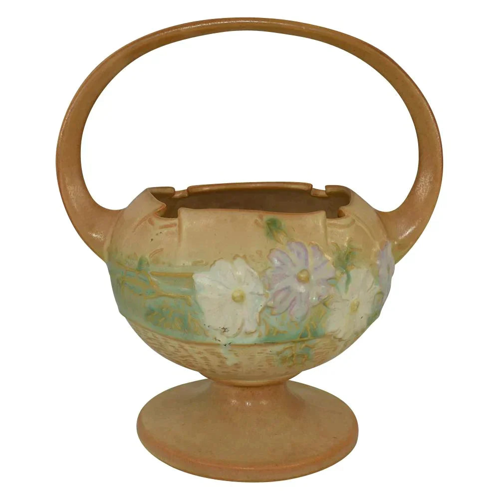 Roseville Cosmos Tan 1939 Vintage Art Pottery Large Ceramic Basket 357-10