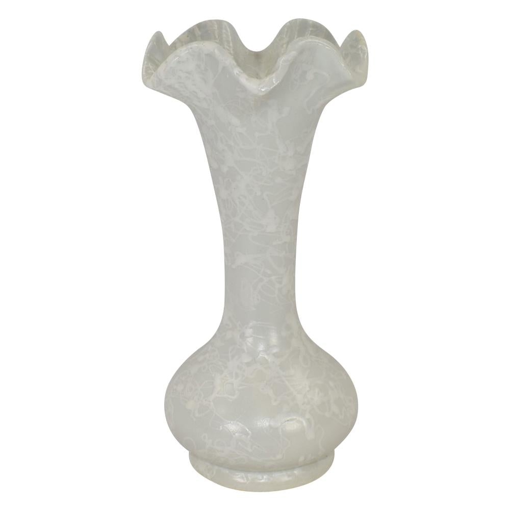Shawnee Art Pottery White Splatter Glaze Over Gray Ruffled Rim Vase 2512