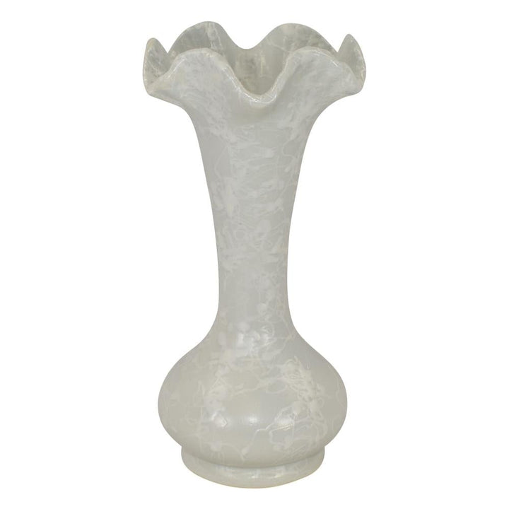 Shawnee Art Pottery White Splatter Glaze Over Gray Ruffled Rim Vase 2512