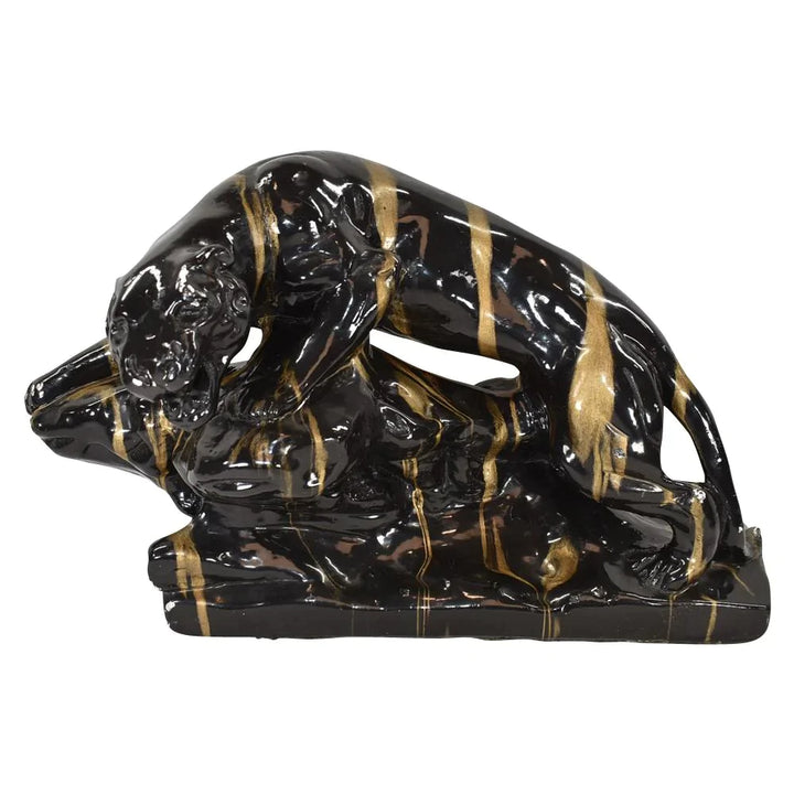 American Vintage Modern Deco Pottery Black And Gold Panther Figurine