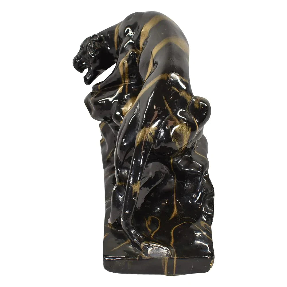 American Vintage Modern Deco Pottery Black And Gold Panther Figurine