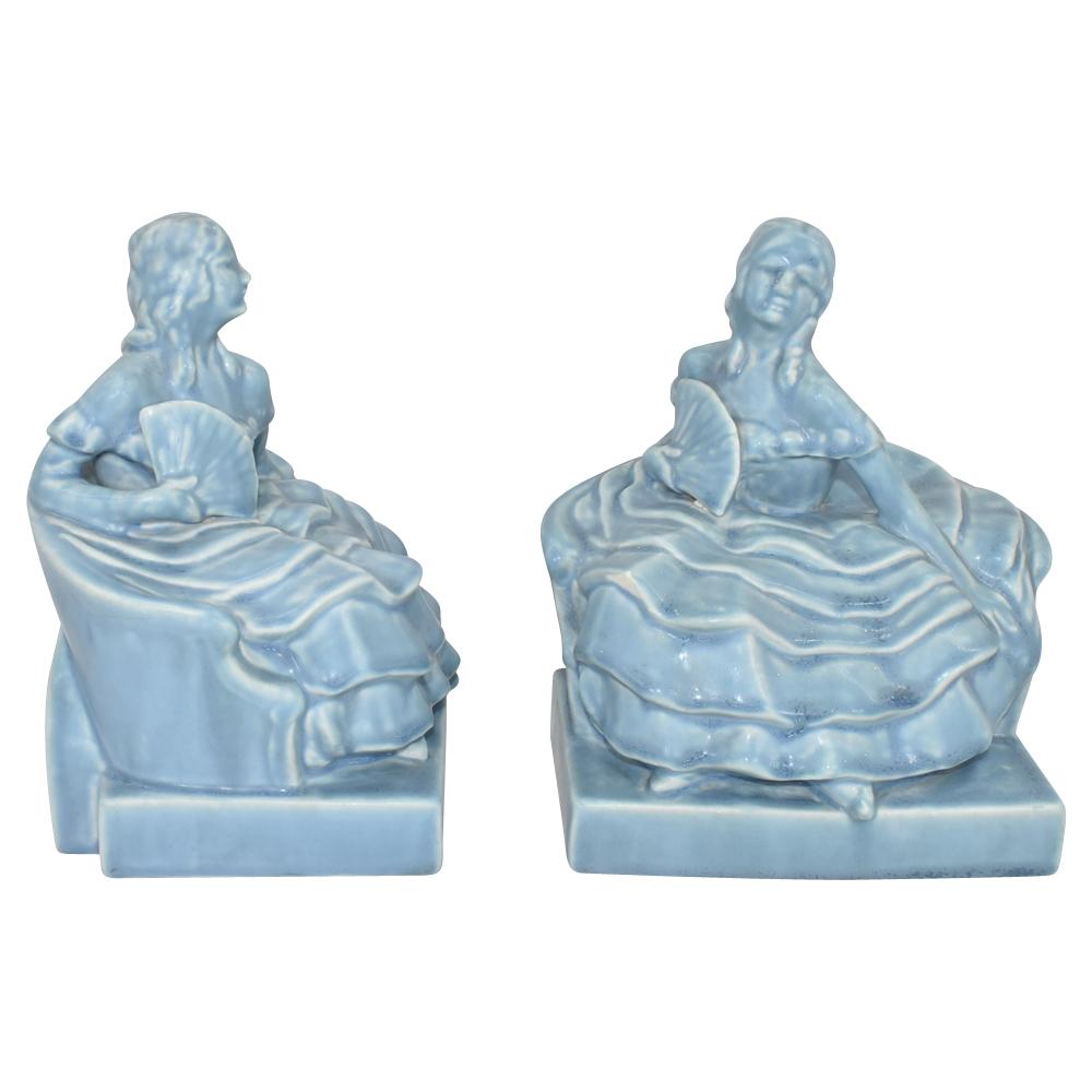 Rookwood Art Pottery 1938 Vintage Blue Colonial Women Ceramic Bookends 6252 - Just Art Pottery