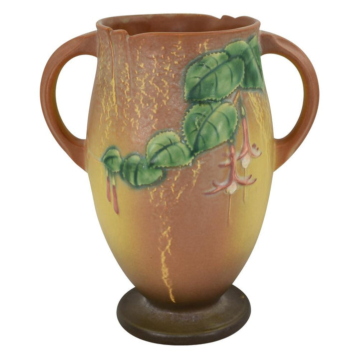 Roseville Fuchsia Brown 1938 Vintage Art Pottery Handled Ceramic Vase 901-10