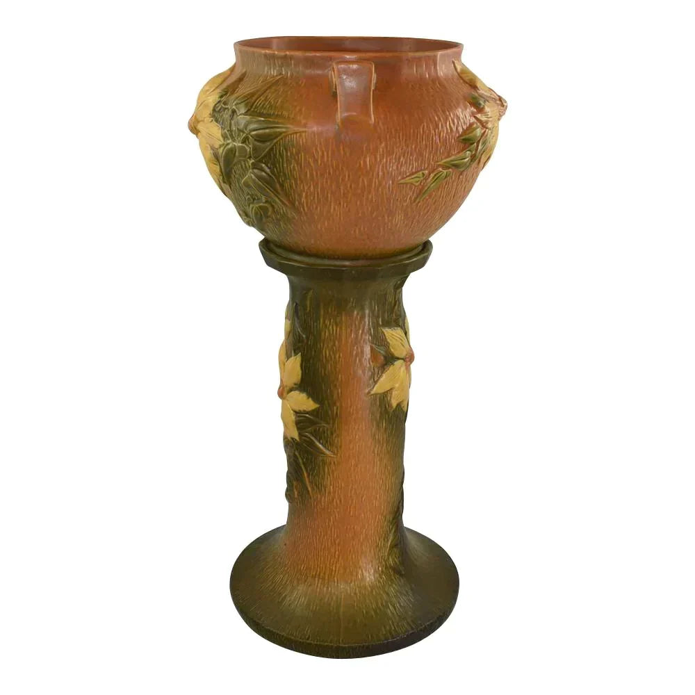 Roseville Clematis 1944 Vintage Art Pottery Brown Jardiniere And Pedestal 667-8 - Just Art Pottery