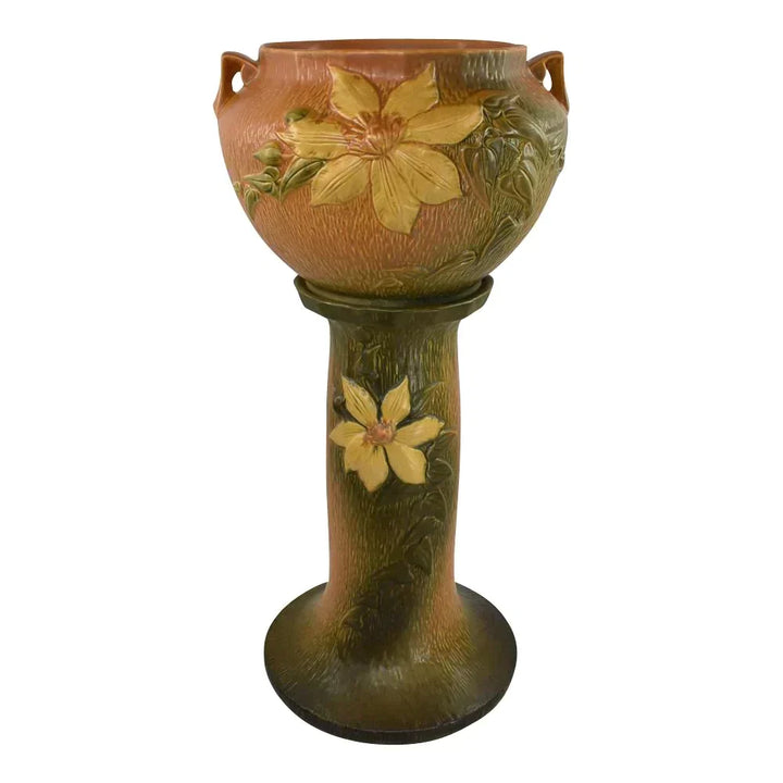 Roseville Clematis 1944 Vintage Art Pottery Brown Jardiniere And Pedestal 667-8 - Just Art Pottery