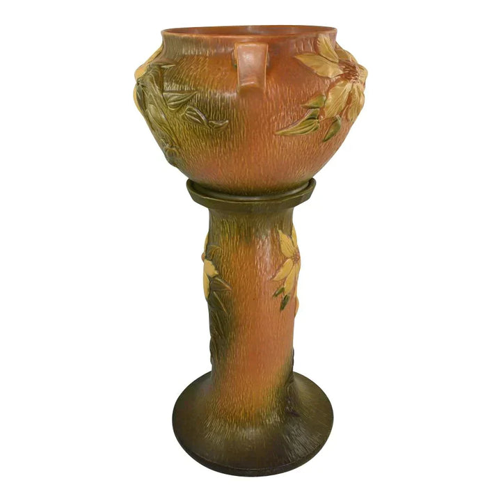 Roseville Clematis 1944 Vintage Art Pottery Brown Jardiniere And Pedestal 667-8