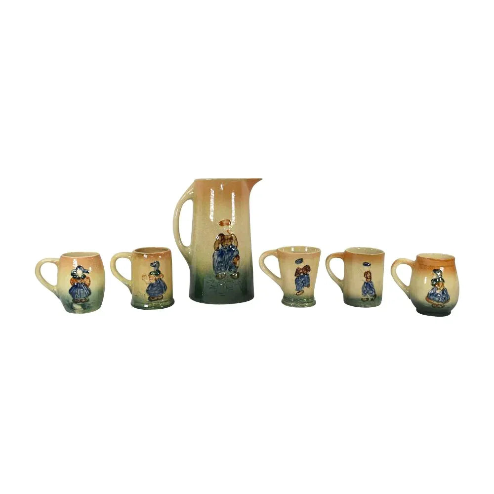 Roseville Holland 1916 Antique Pottery Brown Green Dutch Pitcher And Mugs Set - Just Art Pottery