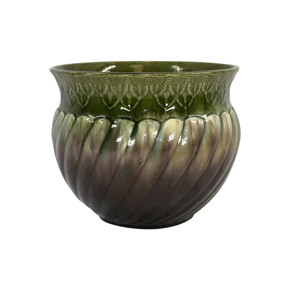 American Blended Majolica 1900s Vintage Art Pottery Green Jardiniere Planter