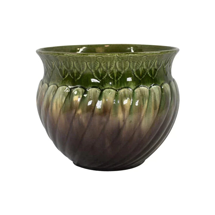 American Blended Majolica 1900s Vintage Art Pottery Green Jardiniere Planter - Just Art Pottery