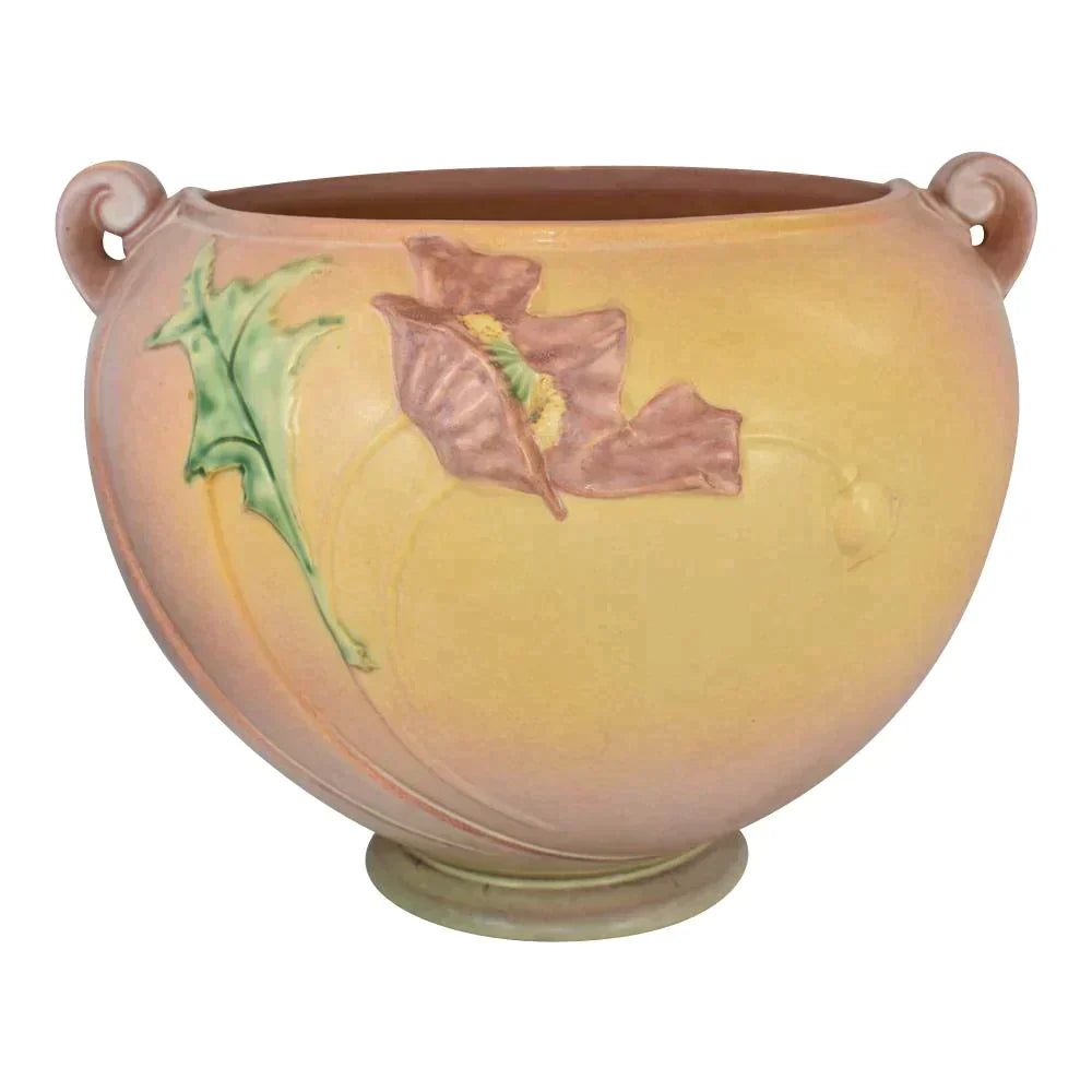 Roseville Poppy 1938 Vintage Art Pottery Pink Ceramic Jardiniere Planter 642-8 - Just Art Pottery
