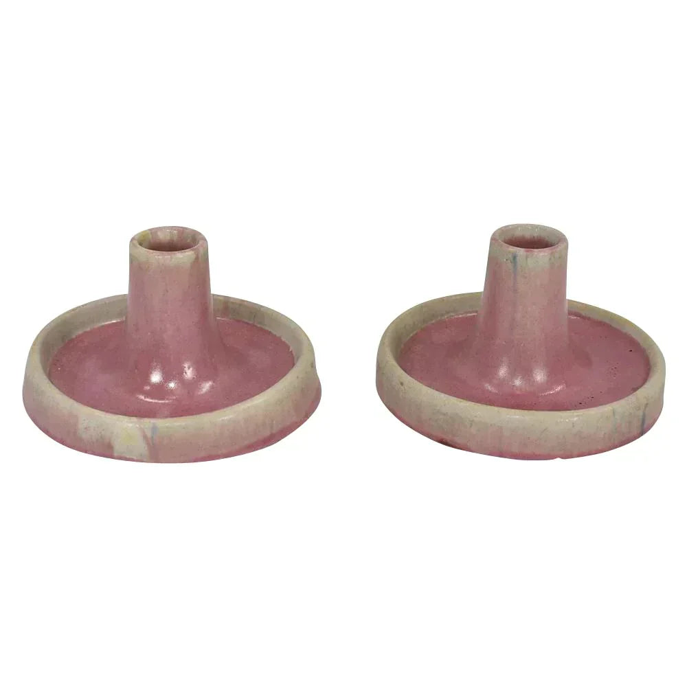 Fulper Arts And Crafts Pottery Matte Pink Wisteria Ceramic Candle Holders
