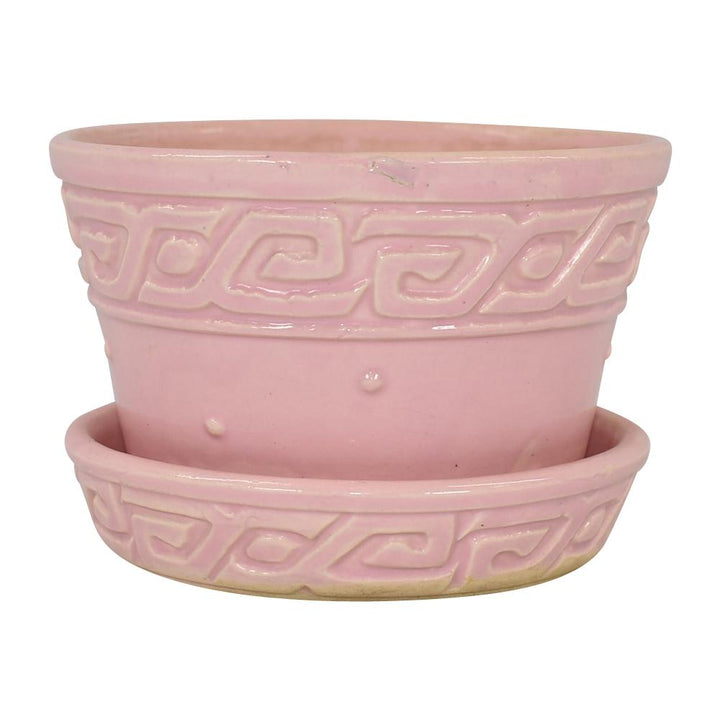 McCoy 1954 Mid Century Modern Art Pottery Pink Geometric Flower Pot Saucer 14