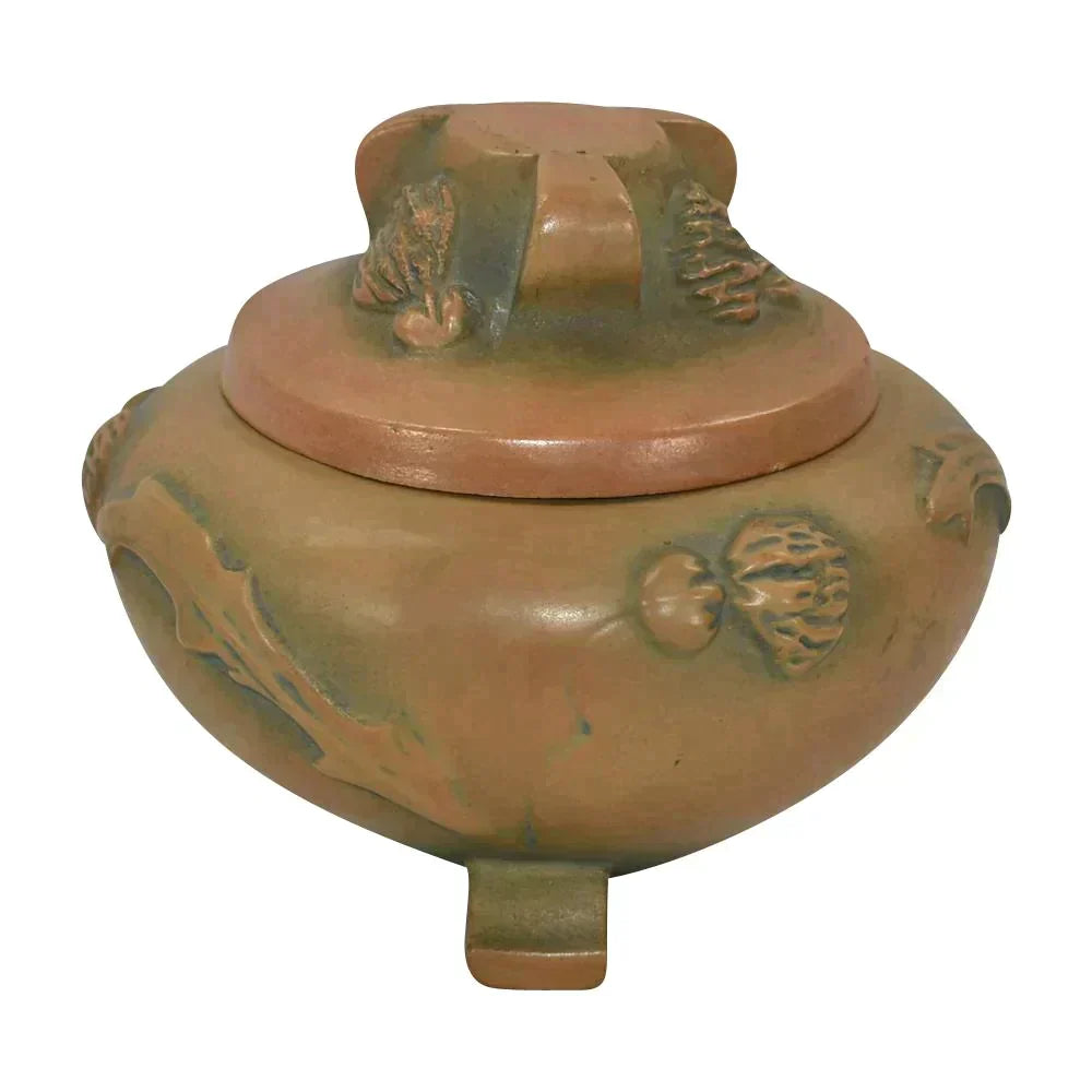 Crown Oak Ware Teplitz Austria Vintage Art Pottery Thistle Footed Covered Jar