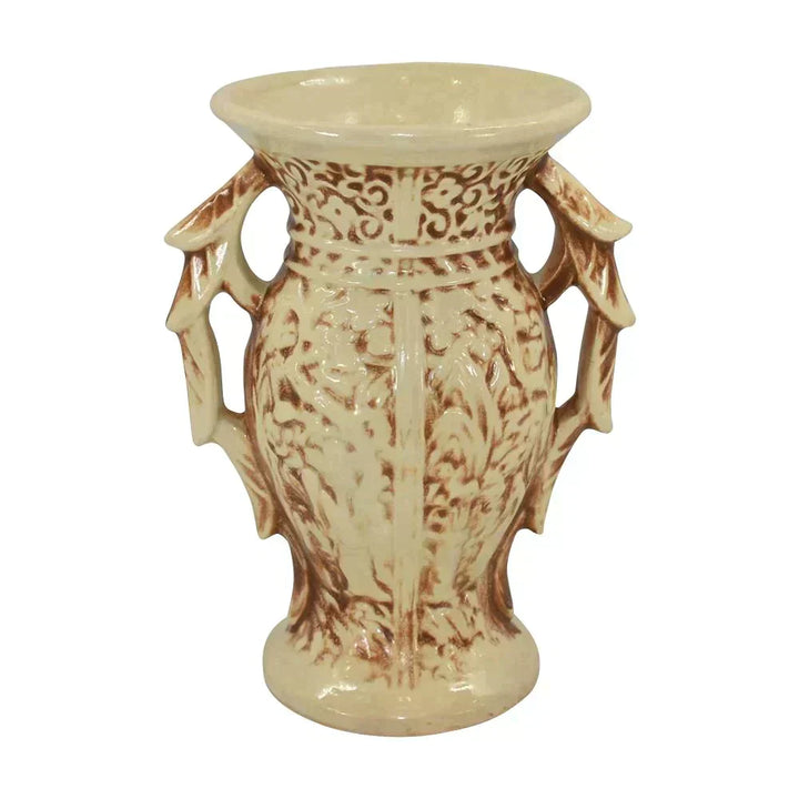 McCoy 1947 Mid Century Modern Art Pottery Ivory Brown Rustic Handled Vase 280 - Just Art Pottery