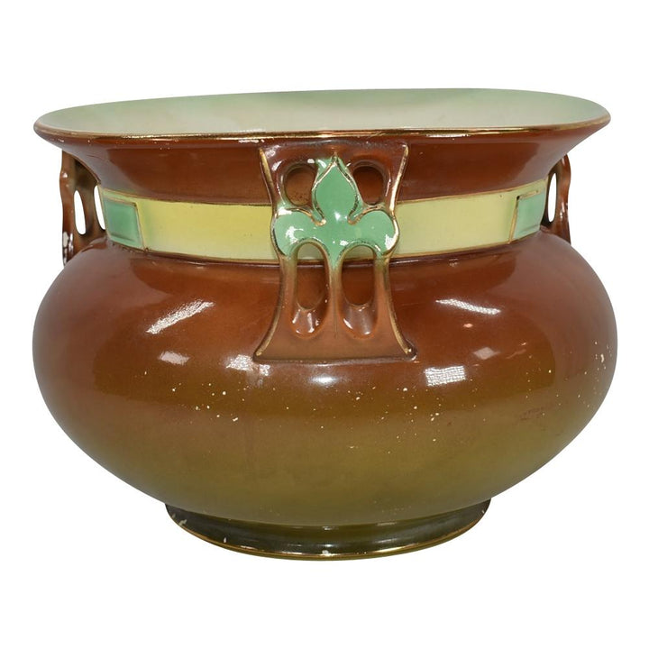 European Vintage Art Pottery Brown Fleur De Lis Handled Jardiniere Planter 2450 - Just Art Pottery