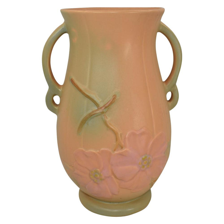 Weller Wild Rose 1930s Vintage Art Pottery Tan Handled Tall Ceramic Vase