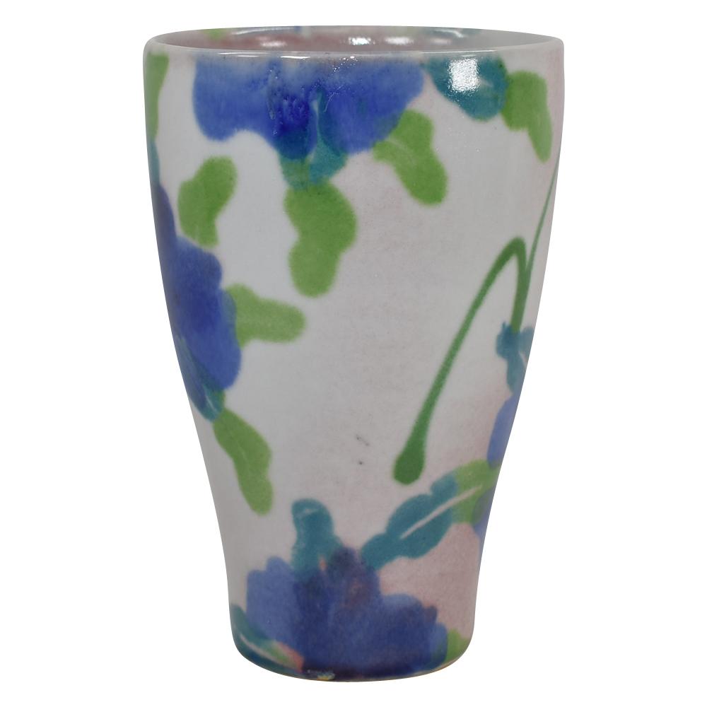 Studio Art Pottery Blue Floral Green Leaves Gray Ceramic Vase