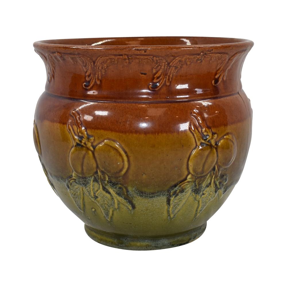 American Art Pottery Vintage Majolica Apple Brown And Green Jardiniere Planter