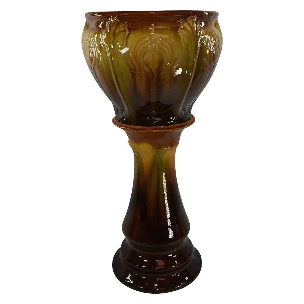 American Antique Art Pottery Brown Blended Majolica Jardiniere Pedestal Planter - Just Art Pottery