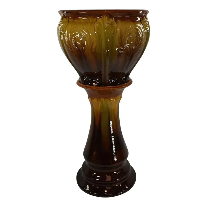 American Antique Art Pottery Brown Blended Majolica Jardiniere Pedestal Planter - Just Art Pottery