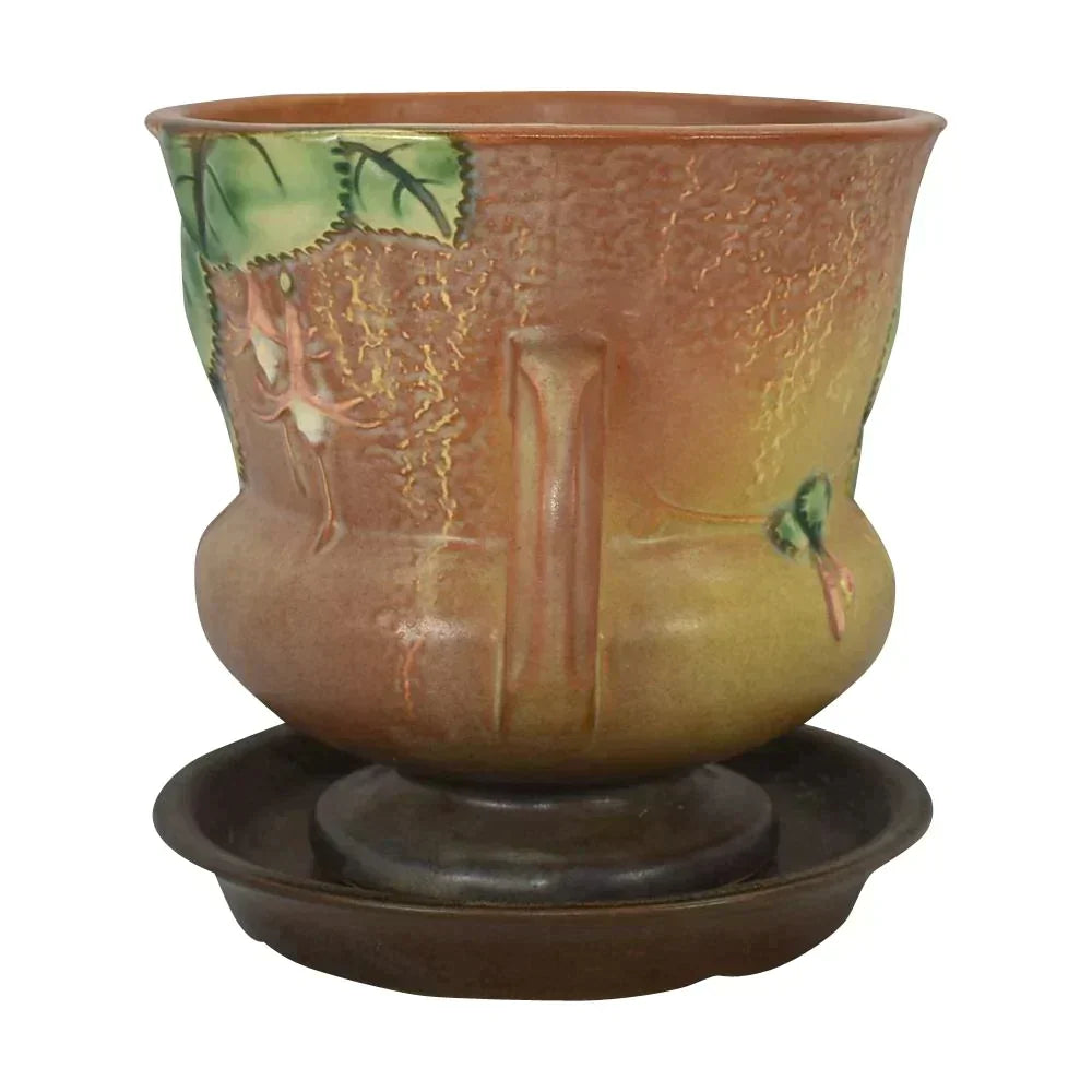Roseville Fuchsia Brown 1938 Art Pottery Ceramic Flower Pot Planter Saucer 646-5