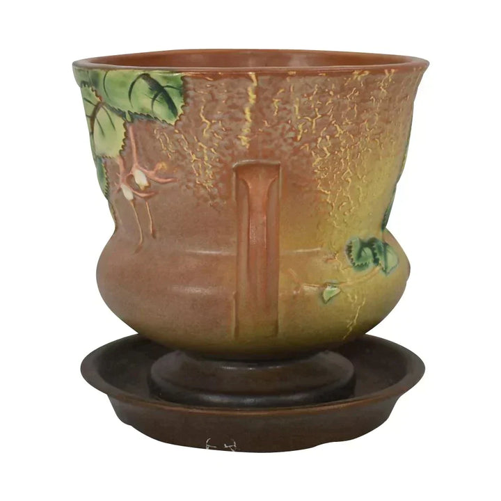 Roseville Fuchsia Brown 1938 Art Pottery Ceramic Flower Pot Planter Saucer 646-5