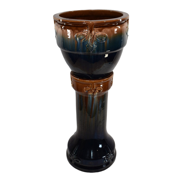 Roseville Blended Majolica Early 1900s Pottery Blue Brown Jardiniere Pedestal