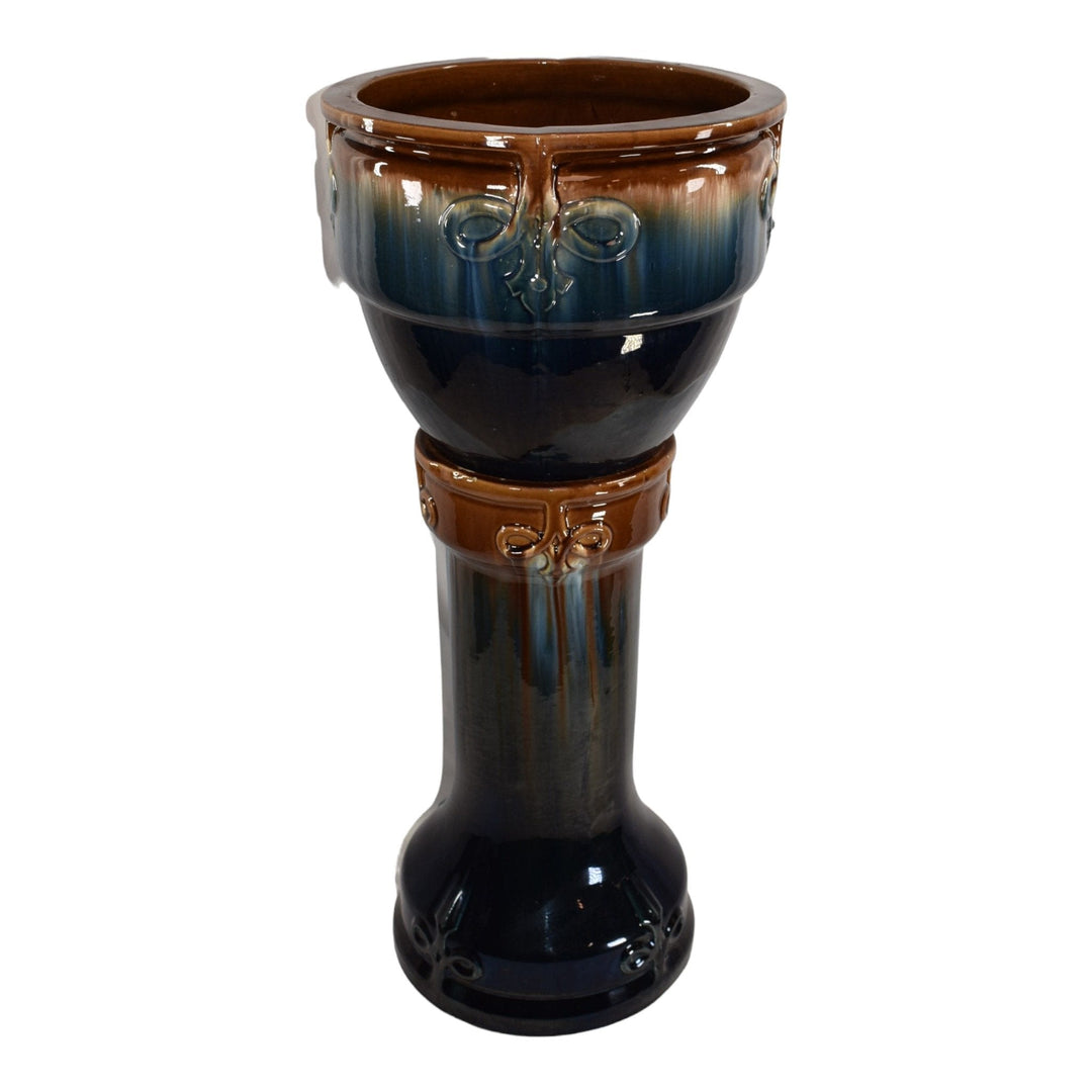 Roseville Blended Majolica Early 1900s Pottery Blue Brown Jardiniere Pedestal