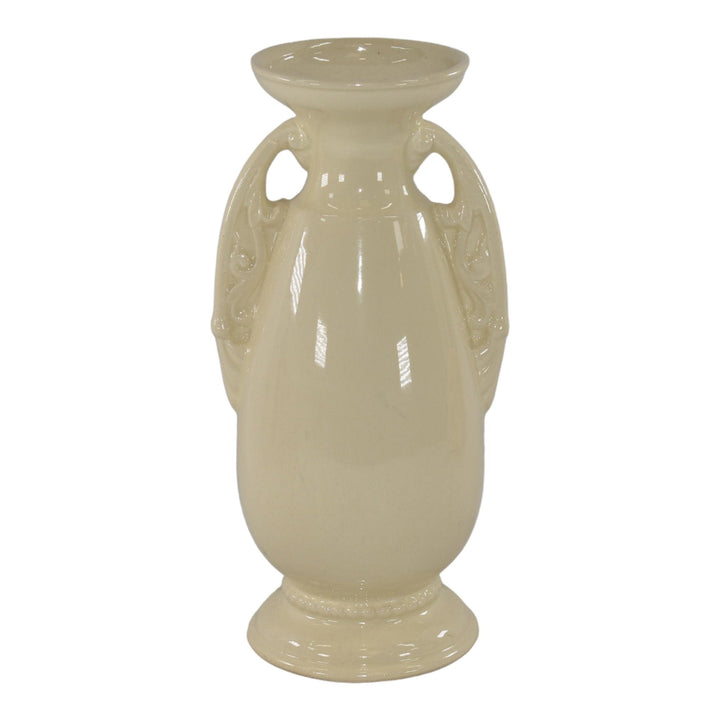 McCoy 1970s Modern Deco Pottery Ivory White Handled Ceramic Vase 203