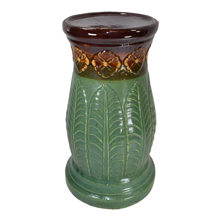 Robinson Ransbottom Pottery 1950s Green Brown Fern Leaves Ceramic Pedestal 352