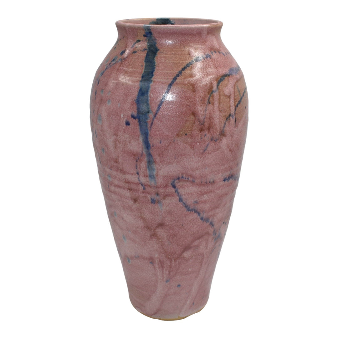 Willow Estates Studio Art Pottery Hand Made Mottled Pink Blue Tall Ribbed Vase