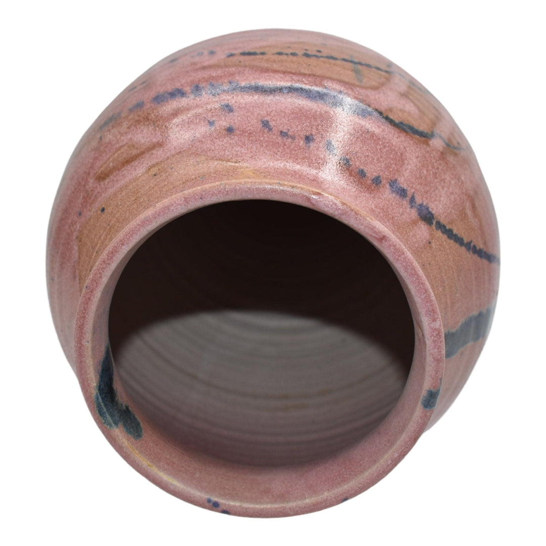 Willow Estates Studio Art Pottery Hand Made Mottled Pink Blue Tall Ribbed Vase