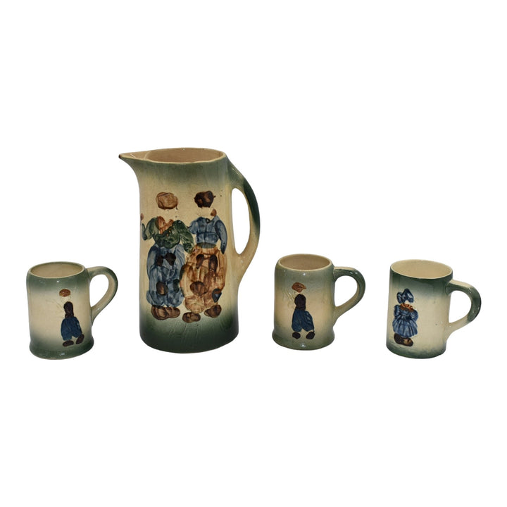 Roseville Holland 1916 Antique Pottery Brown Green Dutch Pitcher And Three Mugs